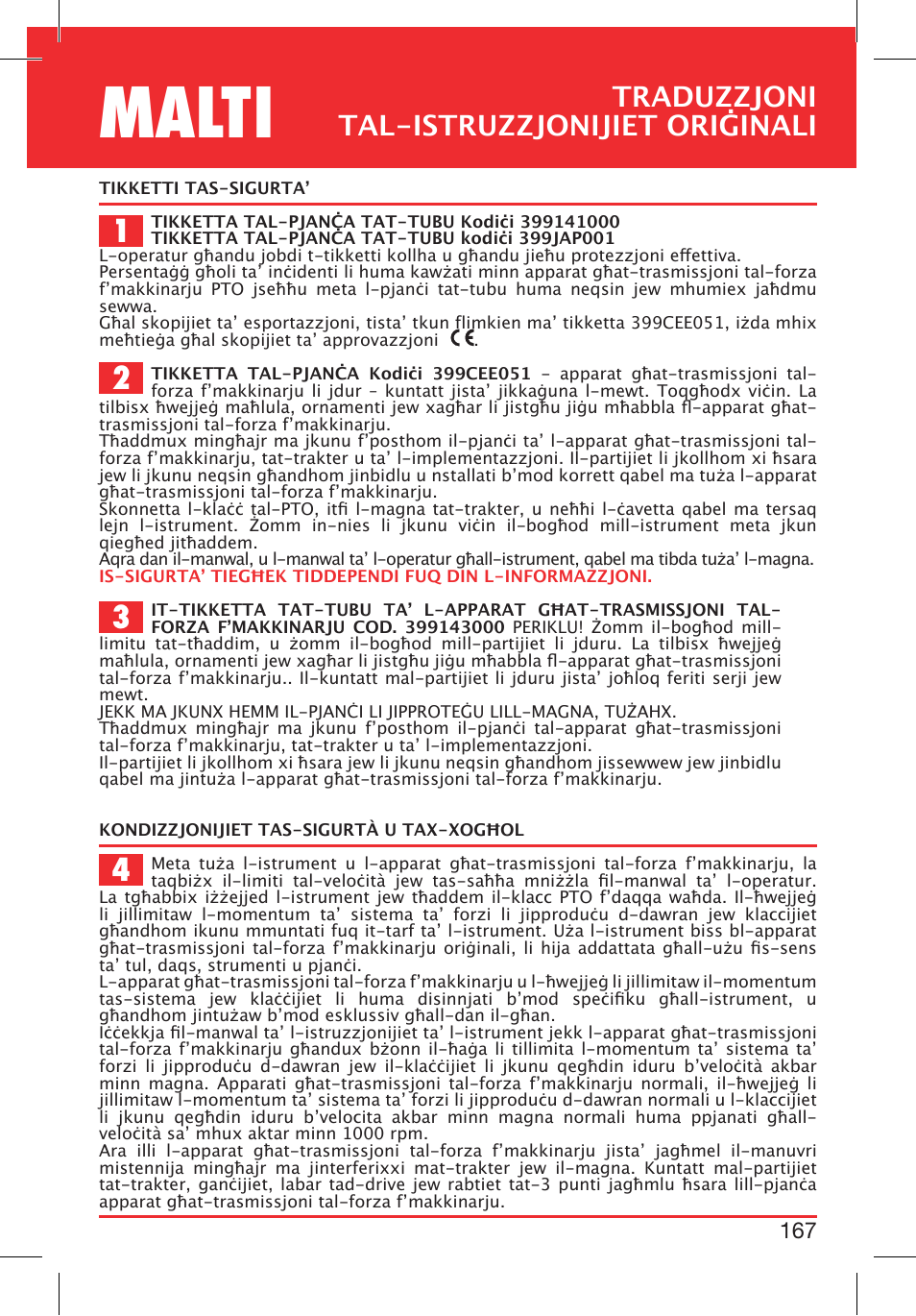 Malti, Traduzzjoni tal-istruzzjonijiet oriġinali, 167 m | Bondioli&Pavesi 399CEE010_E User Manual | Page 167 / 255