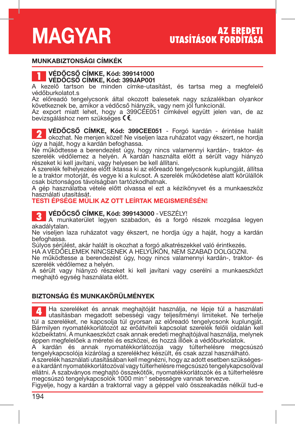 Magyar, Az eredeti utasítások fordítása | Bondioli&Pavesi 399CEE010_E User Manual | Page 194 / 255