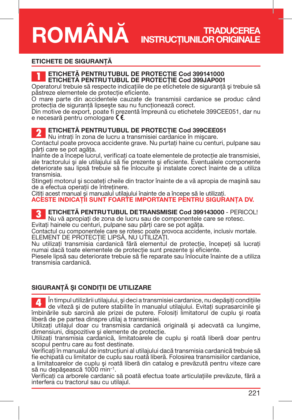 Română, Traducerea instrucţiunilor originale | Bondioli&Pavesi 399CEE010_E User Manual | Page 221 / 255