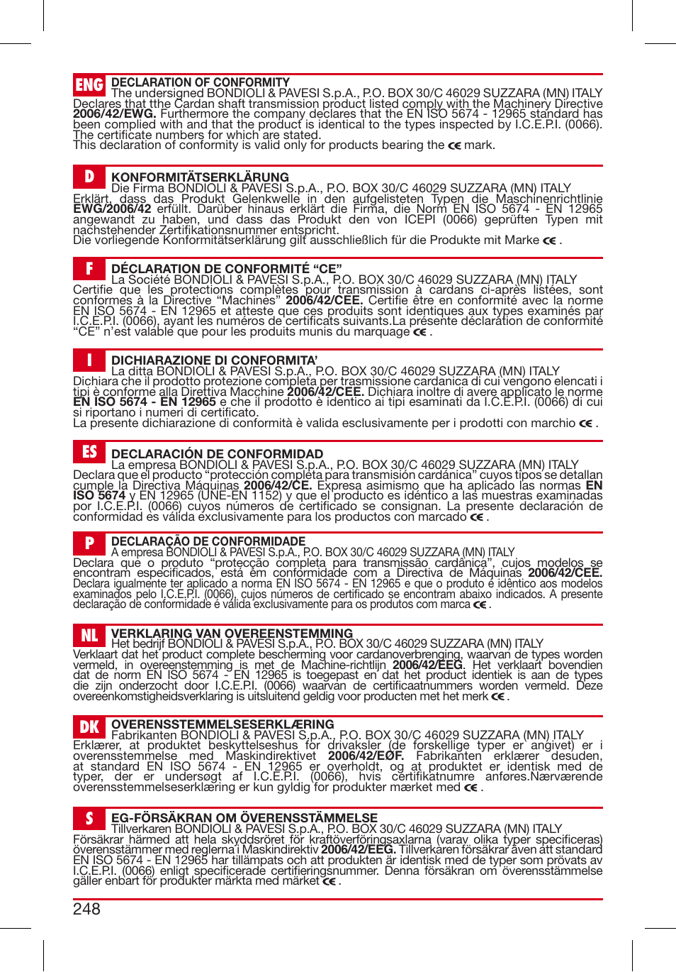 Df i es p nl dk s | Bondioli&Pavesi 399CEE010_E User Manual | Page 248 / 255