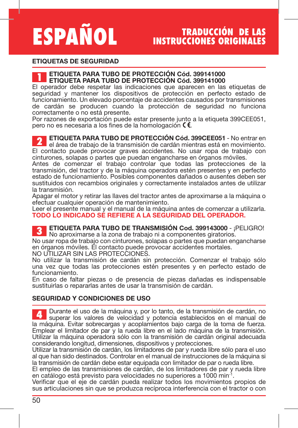 Español, Traducción de las instrucciones originales | Bondioli&Pavesi 399CEE010_E User Manual | Page 50 / 255