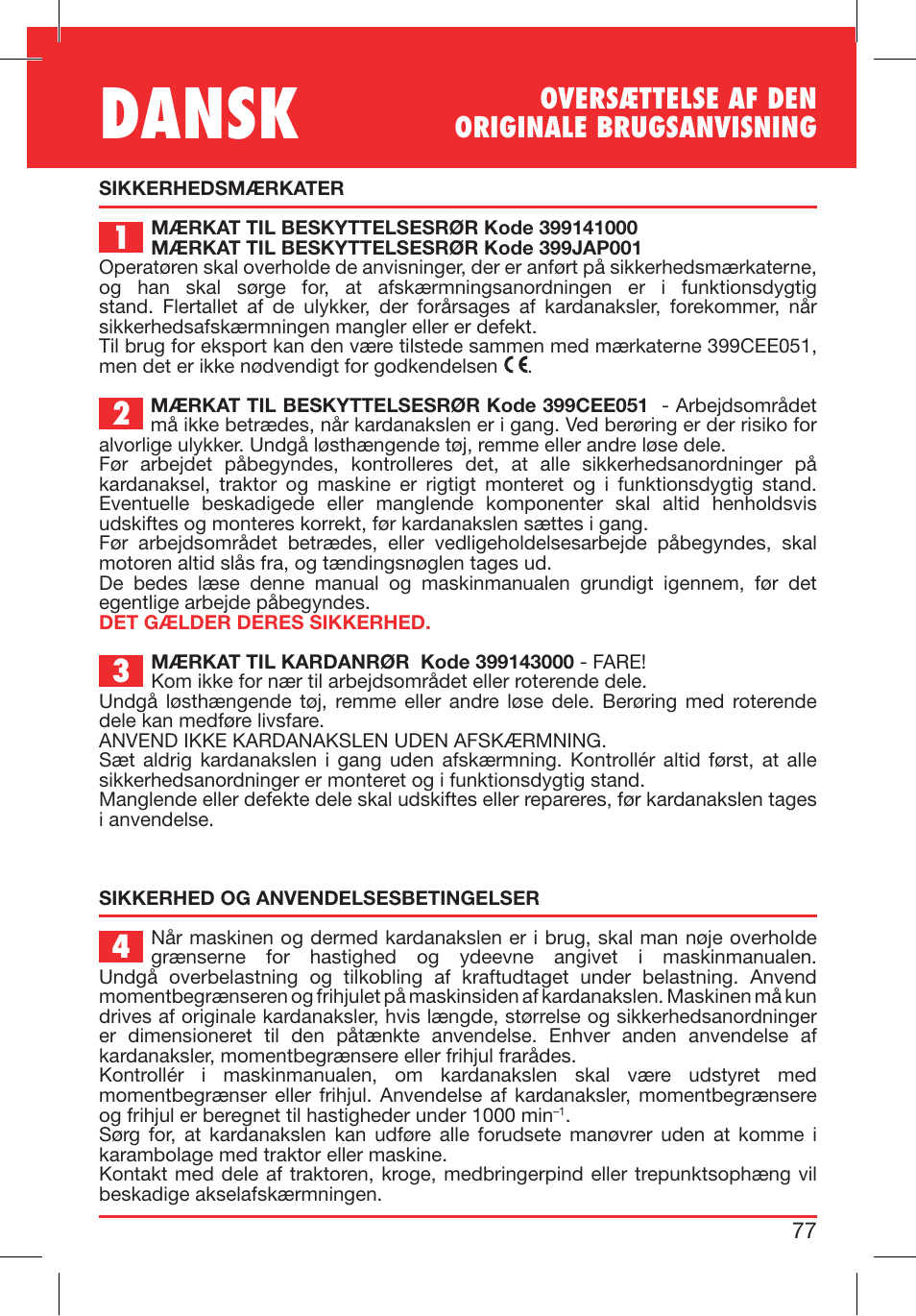 Dansk, Oversættelse af den originale brugsanvisning | Bondioli&Pavesi 399CEE010_E User Manual | Page 77 / 255