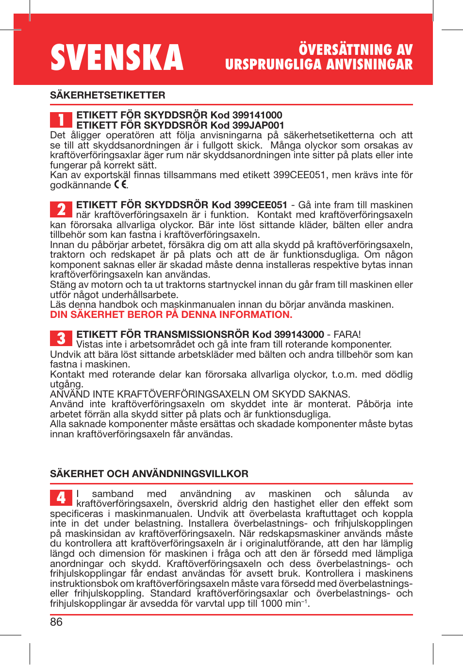 Svenska, Översättning av ursprungliga anvisningar | Bondioli&Pavesi 399CEE010_E User Manual | Page 86 / 255