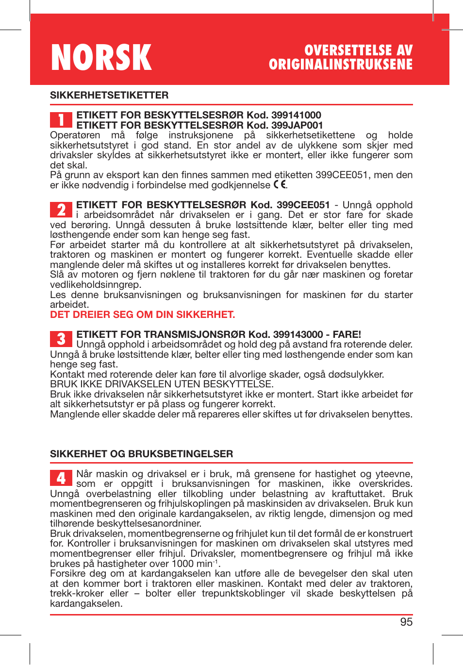 Norsk, Oversettelse av originalinstruksene | Bondioli&Pavesi 399CEE010_E User Manual | Page 95 / 255