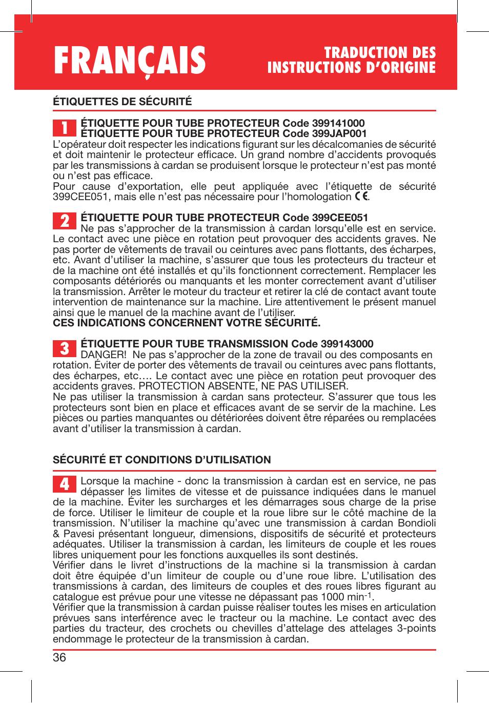 Français, Traduction des instructions d’origine | Bondioli&Pavesi 399CEE011_F User Manual | Page 35 / 281