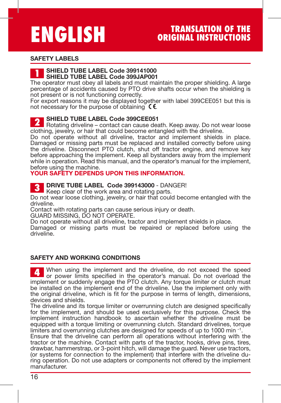 English, Translation of the original instructions | Bondioli&Pavesi 399CEEG01_D User Manual | Page 16 / 283