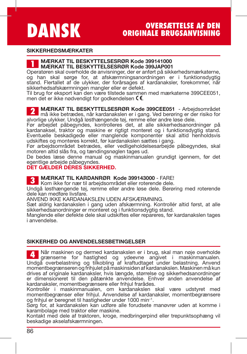 Dansk, Oversættelse af den originale brugsanvisning | Bondioli&Pavesi 399CEEG01_D User Manual | Page 86 / 283