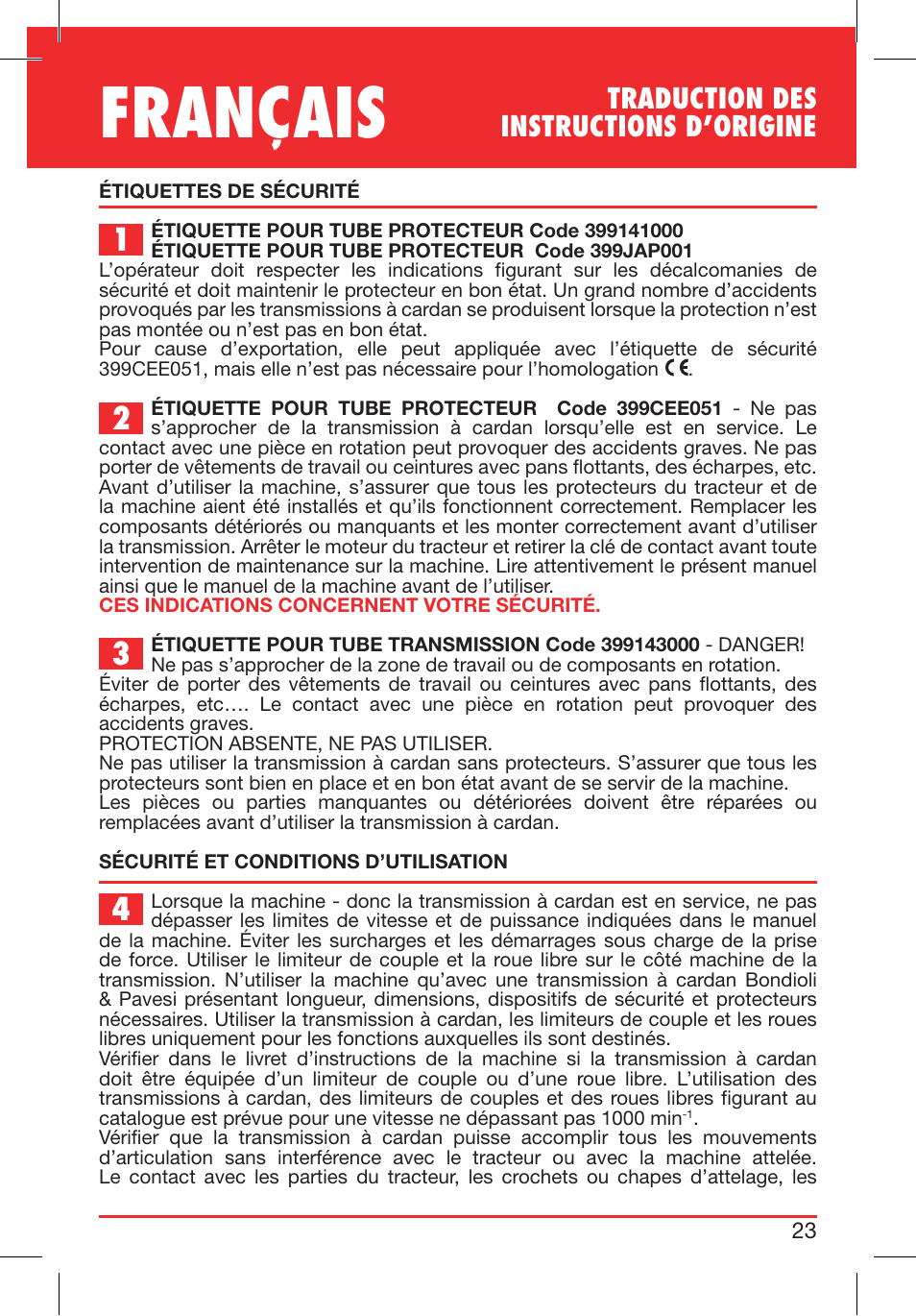 Français, Traduction des instructions d’origine | Bondioli&Pavesi 399USA010_C User Manual | Page 23 / 79