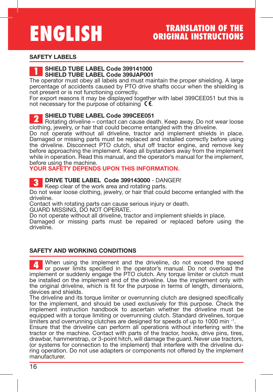 English, Translation of the original instructions | Bondioli&Pavesi 399USAG01_C User Manual | Page 16 / 87