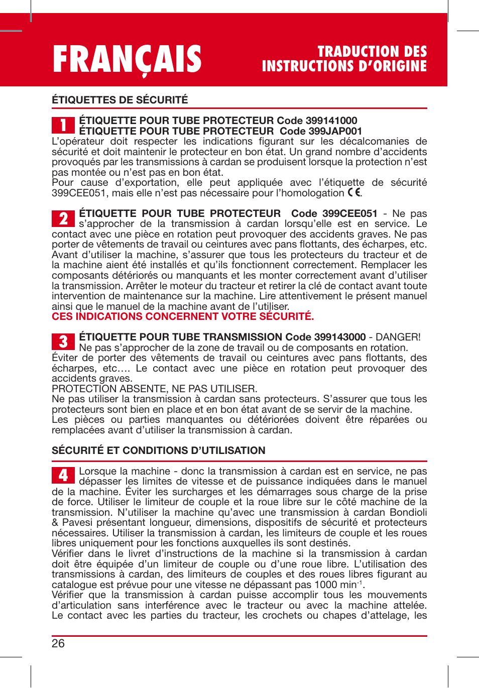 Français, Traduction des instructions d’origine | Bondioli&Pavesi 399USAG01_C User Manual | Page 26 / 87