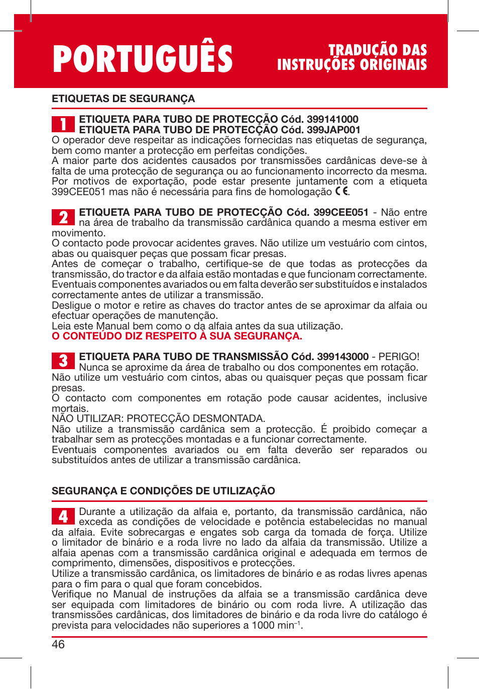 Português, Tradução das instruções originais | Bondioli&Pavesi 399USAG01_C User Manual | Page 46 / 87