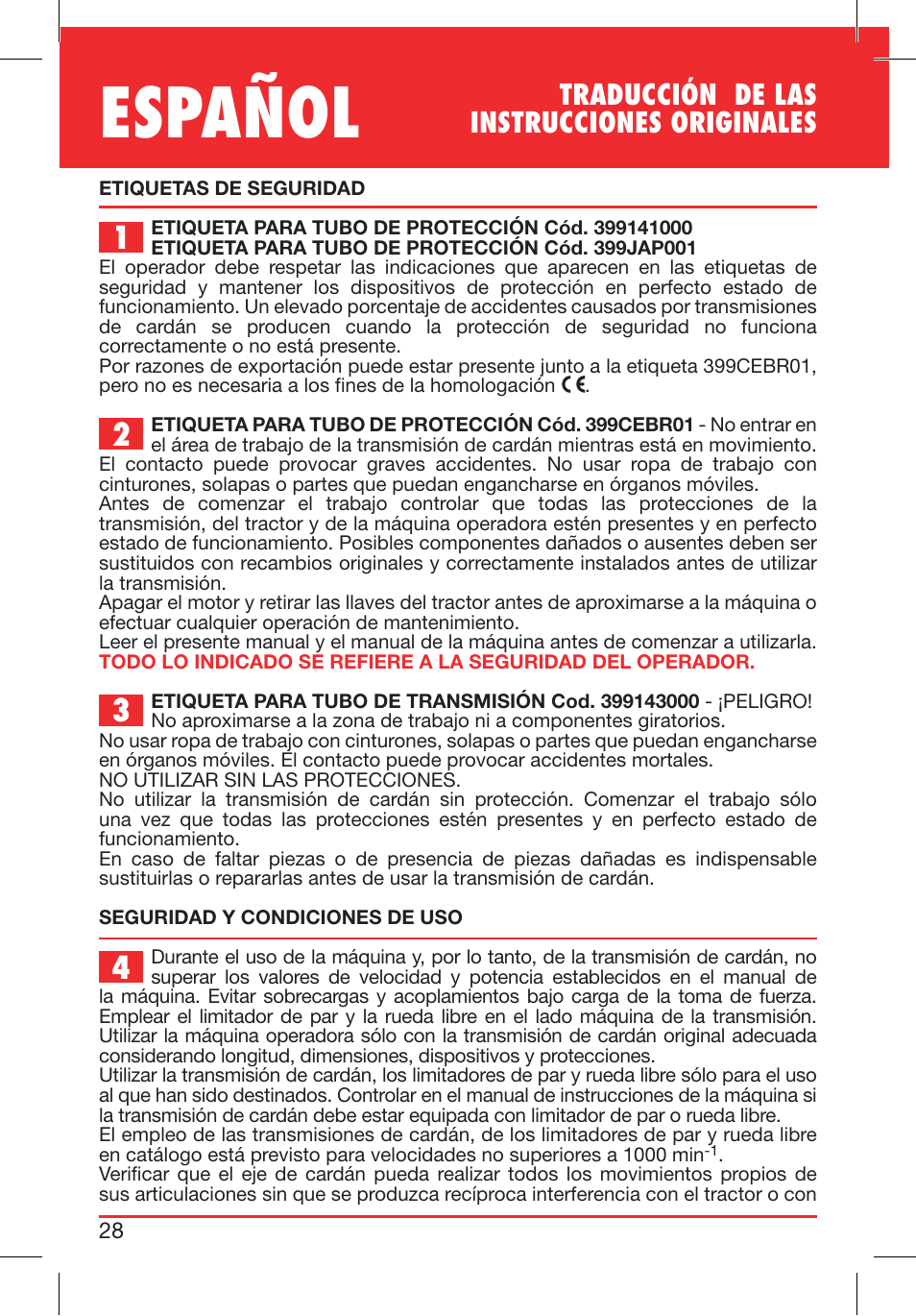 Español, Traducción de las instrucciones originales | Bondioli&Pavesi 399USBR12_A User Manual | Page 28 / 71