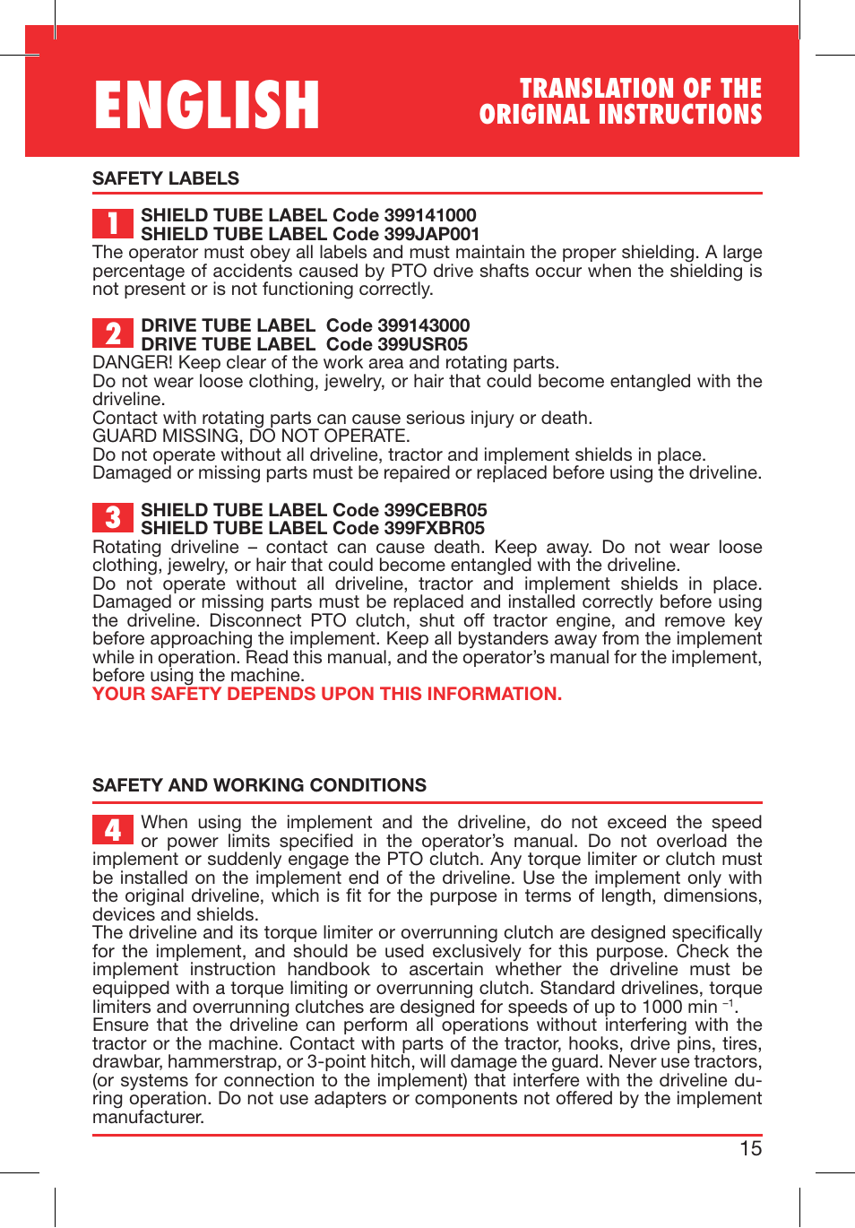 English, Translation of the original instructions | Bondioli&Pavesi 399CEBR15_A User Manual | Page 15 / 255