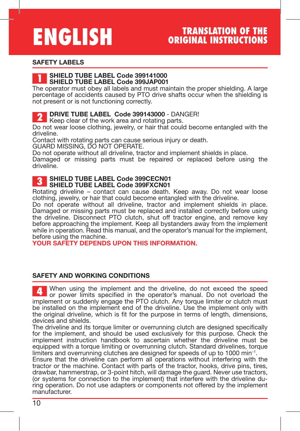 English, Translation of the original instructions | Bondioli&Pavesi 399CECN02_G User Manual | Page 10 / 171