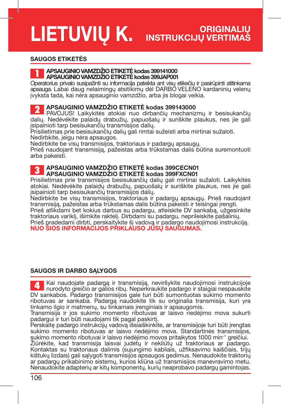 Lietuvių k, Originalių instrukcijų vertimas | Bondioli&Pavesi 399CECN02_G User Manual | Page 106 / 171