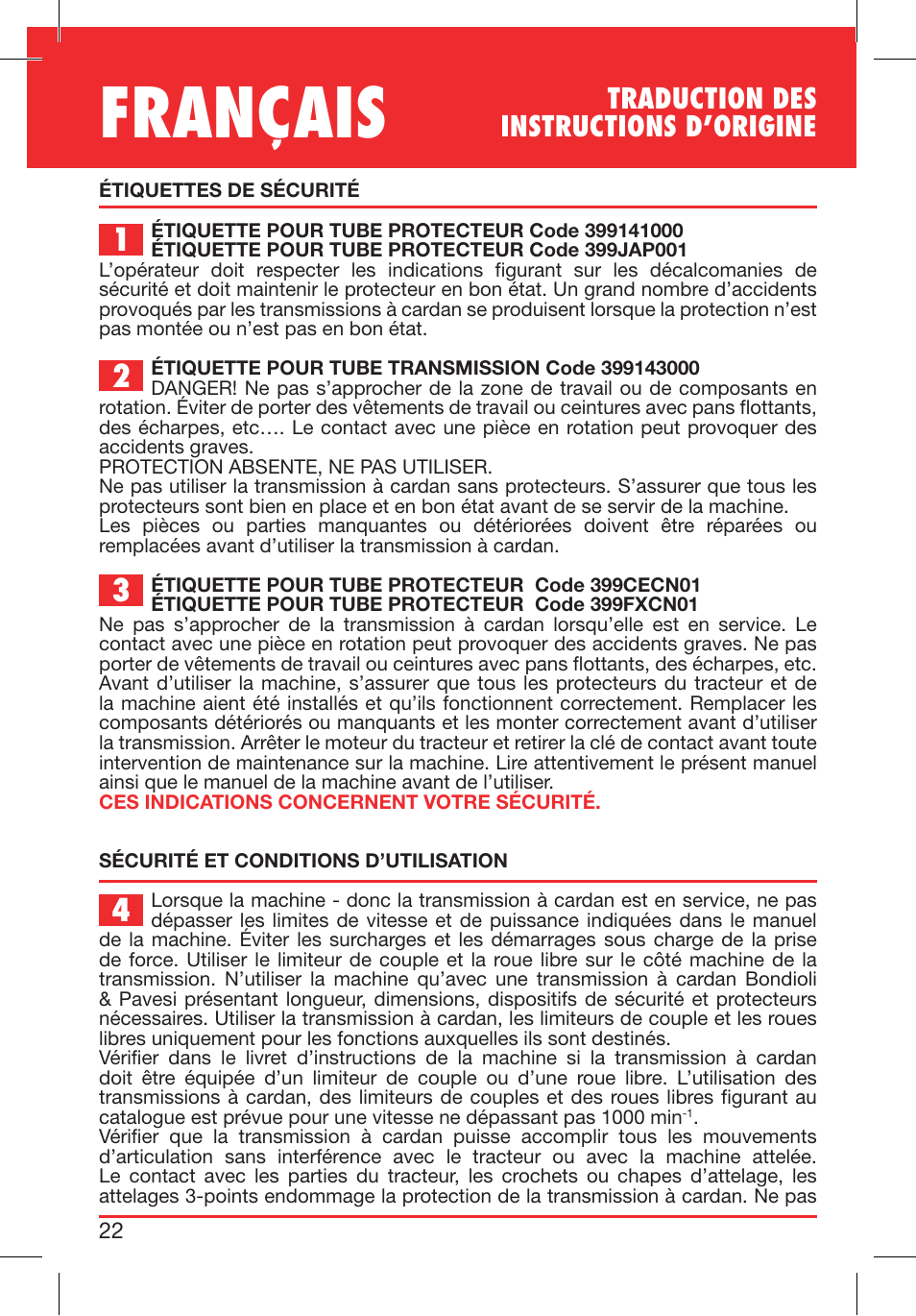 Français, Traduction des instructions d’origine | Bondioli&Pavesi 399CECN02_G User Manual | Page 22 / 171