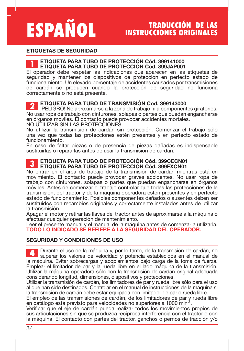 Español, Traducción de las instrucciones originales | Bondioli&Pavesi 399CECN02_G User Manual | Page 34 / 171
