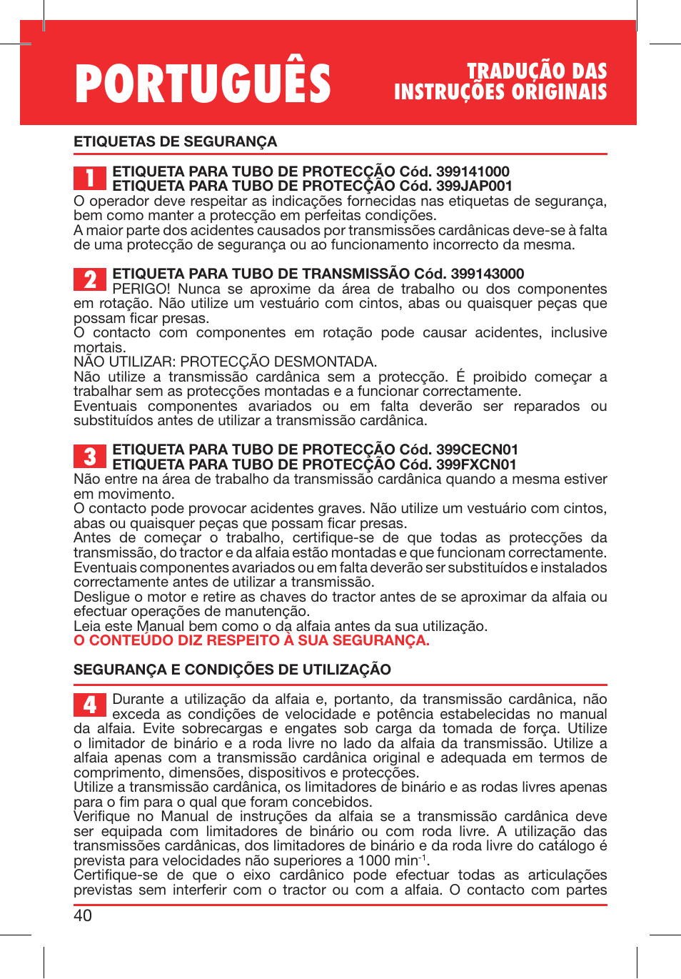 Português, Tradução das instruções originais | Bondioli&Pavesi 399CECN02_G User Manual | Page 40 / 171