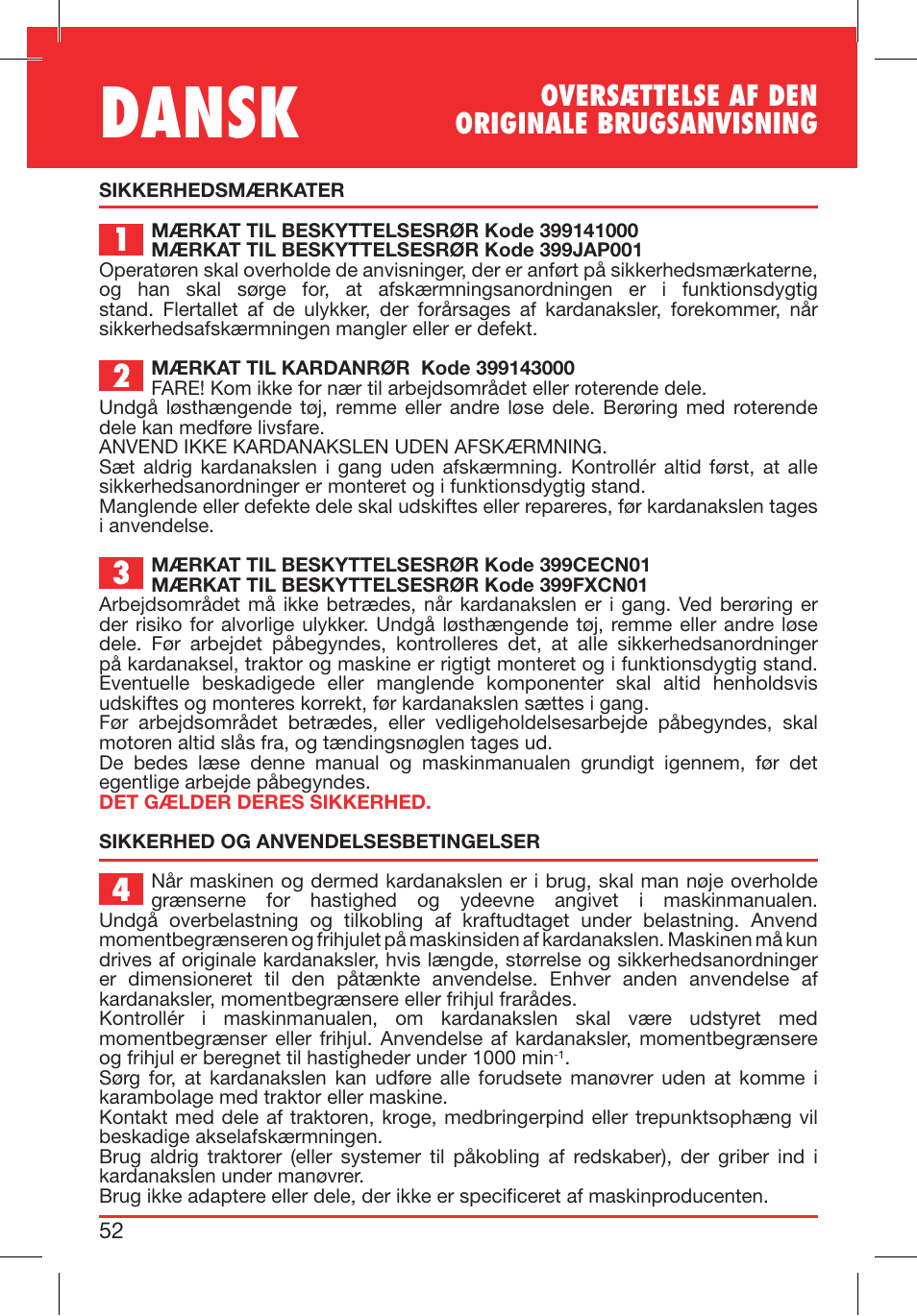 Dansk, Oversættelse af den originale brugsanvisning | Bondioli&Pavesi 399CECN02_G User Manual | Page 52 / 171