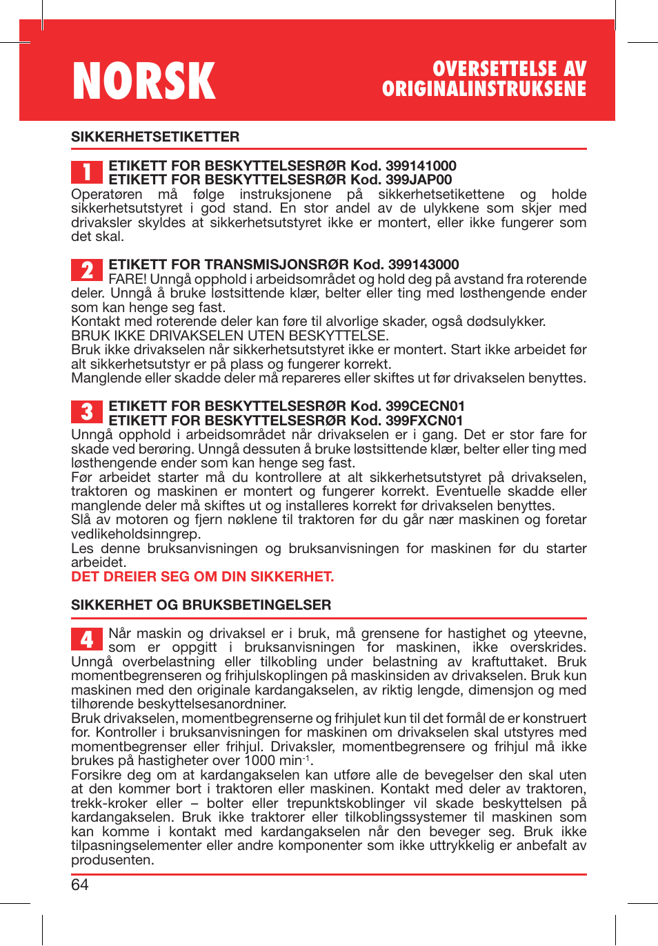 Norsk, Oversettelse av originalinstruksene | Bondioli&Pavesi 399CECN02_G User Manual | Page 64 / 171