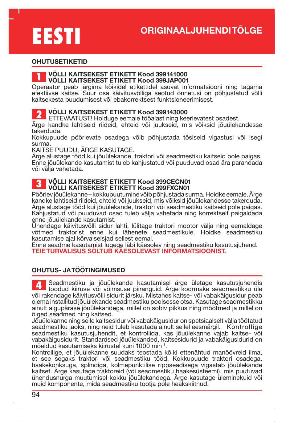 Eesti, Originaaljuhendi tõlge | Bondioli&Pavesi 399CECN02_G User Manual | Page 94 / 171