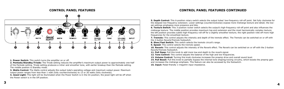 Control panel features continued, Control panel features | VHT Special 12/20 RT Head User Manual | Page 4 / 11