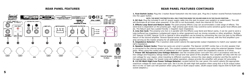 Rear panel features rear panel features continued | VHT Special 12/20 RT Head User Manual | Page 5 / 11