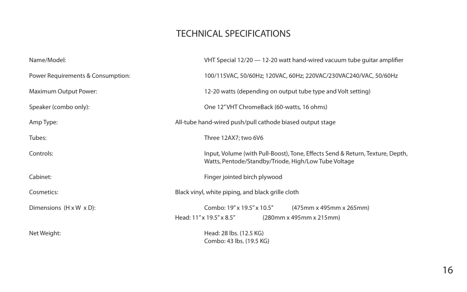 Technical specifications | VHT Special 12/20 Head User Manual | Page 19 / 20