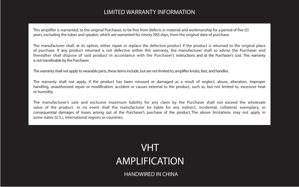 Vht amplification, Limited warranty information | VHT Special 12/20 Head User Manual | Page 20 / 20