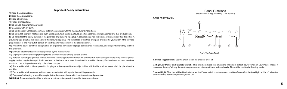 Panel functions | VHT Special 6 Head User Manual | Page 3 / 7