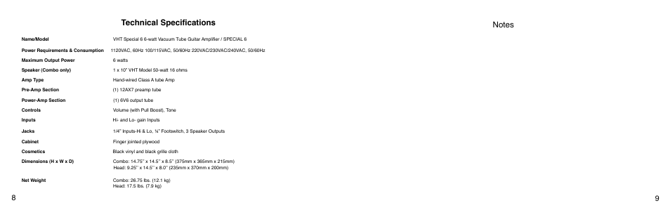 Technical specifications | VHT Special 6 Head User Manual | Page 5 / 7