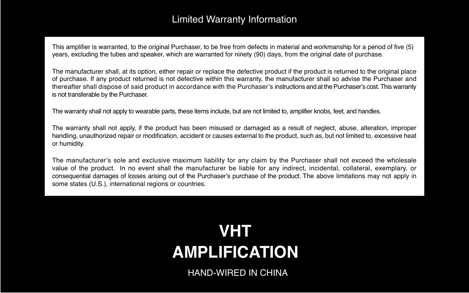 Vht amplification, Limited warranty information | VHT Special 6 Head User Manual | Page 7 / 7