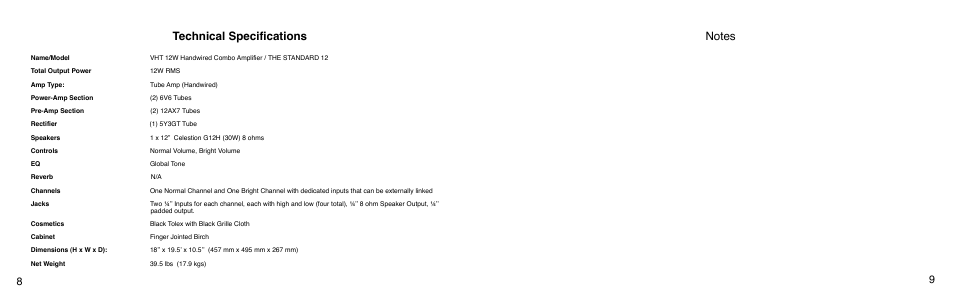 Technical specifications | VHT The Standard 12 User Manual | Page 5 / 7