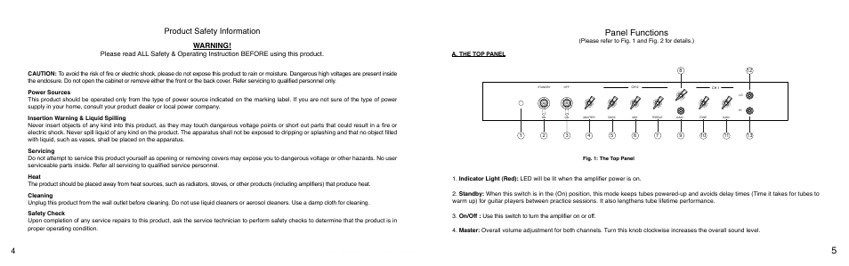 Panel functions, Product safety information, Warning | VHT The Standard 18 User Manual | Page 3 / 7