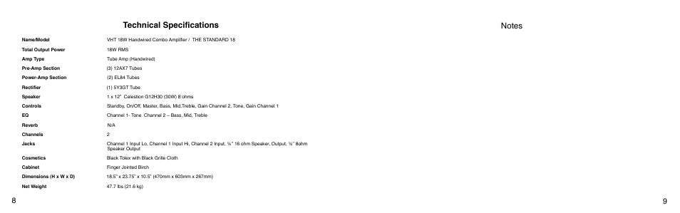 Technical specifications | VHT The Standard 18 User Manual | Page 5 / 7