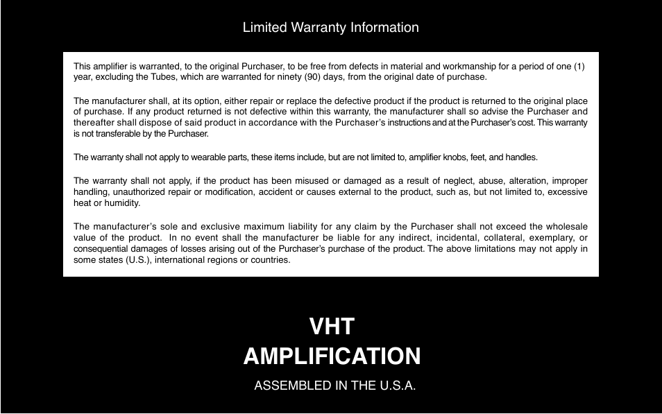 Vht amplification, Limited warranty information | VHT The Standard 18 User Manual | Page 7 / 7