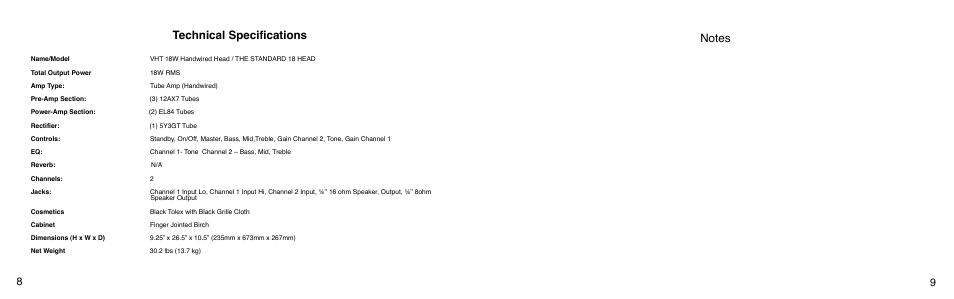 Technical specifications | VHT The Standard 18 Head User Manual | Page 5 / 7