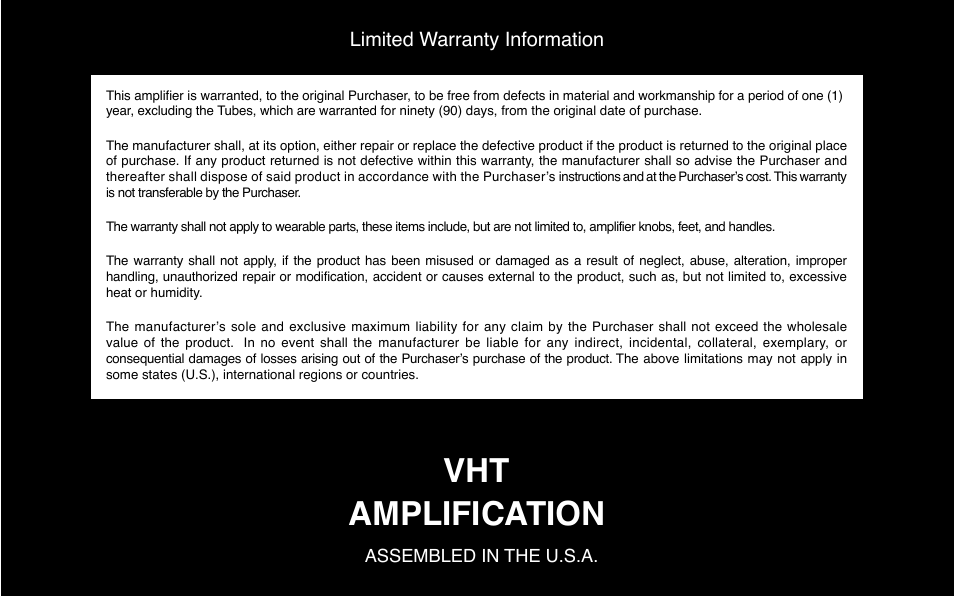 Vht amplification, Limited warranty information | VHT The Standard 18 Head User Manual | Page 7 / 7