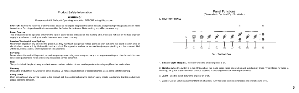 Panel functions, Product safety information, Warning | VHT The Standard 36 Head User Manual | Page 3 / 7