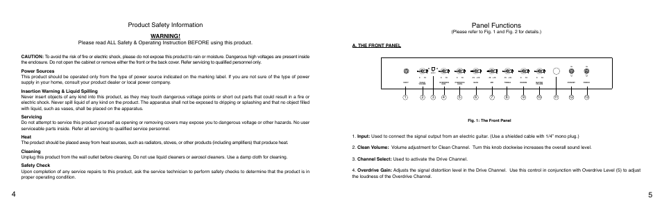 Panel functions, Product safety information, Warning | VHT Lead 20 User Manual | Page 3 / 7