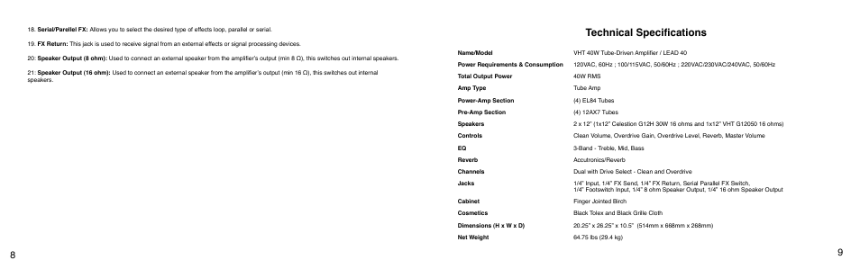 Technical specifications | VHT Lead 40 User Manual | Page 5 / 7