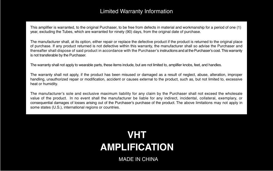 Vht amplification, Limited warranty information | VHT Lead 40 User Manual | Page 7 / 7