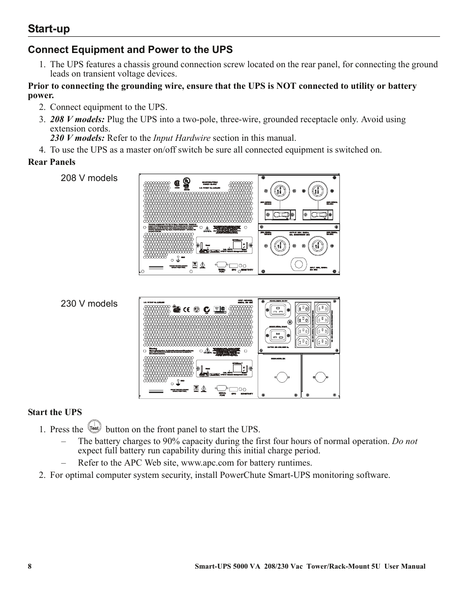 Start-up, Connect equipment and power to the ups | American Power Conversion 5000VA User Manual | Page 12 / 25