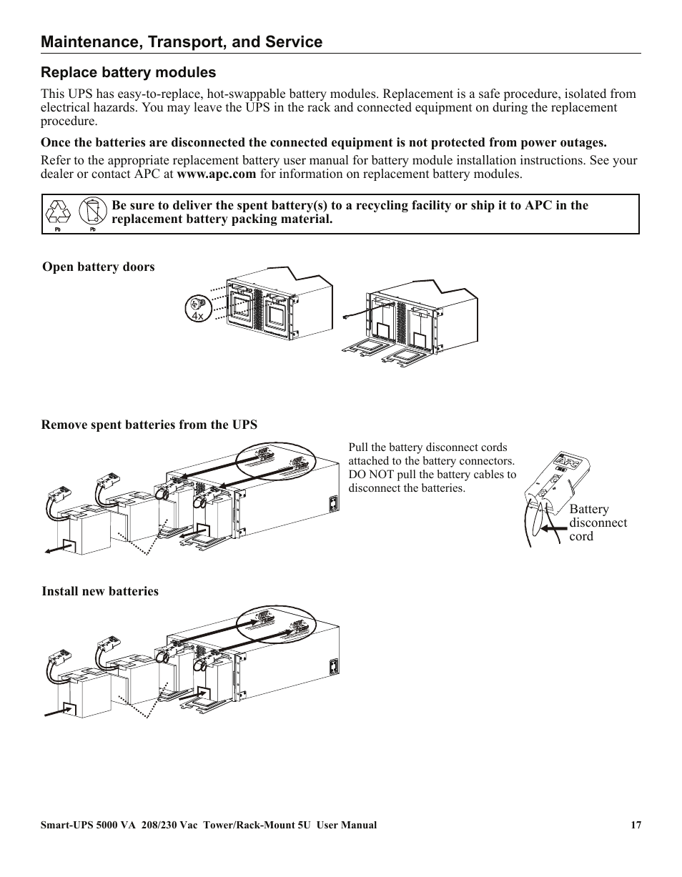 Maintenance, transport, and service, Replace battery modules | American Power Conversion 5000VA User Manual | Page 21 / 25