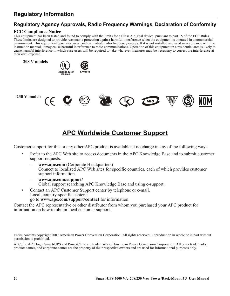 Regulatory information, Apc worldwide customer support | American Power Conversion 5000VA User Manual | Page 24 / 25