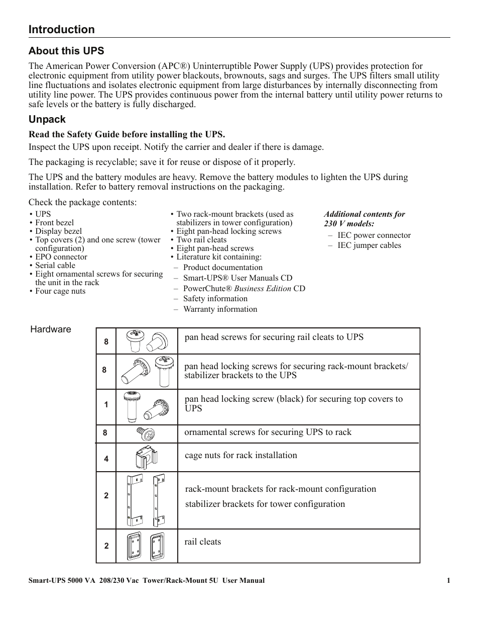 Introduction, About this ups, Unpack | American Power Conversion 5000VA User Manual | Page 5 / 25