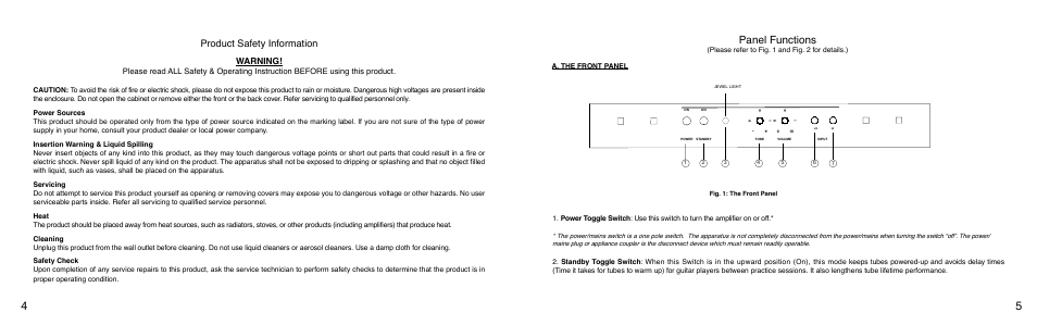 Panel functions, Product safety information, Warning | VHT The Classic 6 User Manual | Page 3 / 7