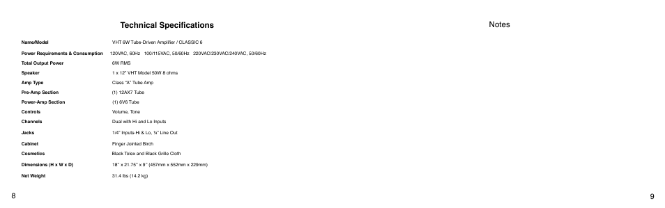 Technical specifications | VHT The Classic 6 User Manual | Page 5 / 7