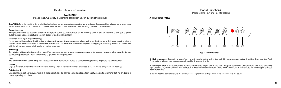 Panel functions, Product safety information, Warning | VHT The Classic 18 User Manual | Page 3 / 7