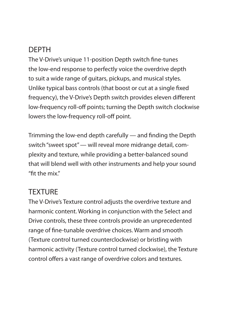 Depth, Texture | VHT V-Drive Pedal User Manual | Page 4 / 8